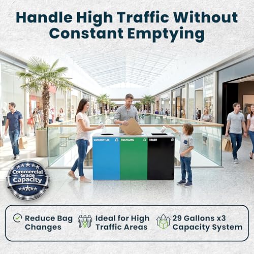Alpine Indoor Recycling Bin -Commercial Trash Can Recycling Station Combo, Customizable 3 Compartment Metal, Large, Black, Blue, Green Recycle Trash Cans with Lids & Stickers for Office, Mall, Airport