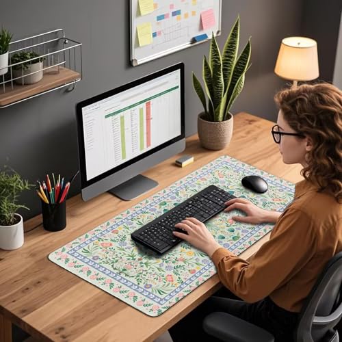 Green Floral Desk Mat Large Mouse Pad 31.5"x15.7" Non-Slip - color: Green Floral