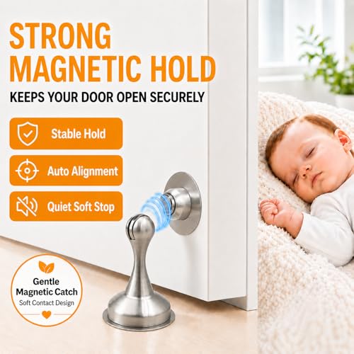 YDAJIURI 2Pack Magnetic Door Stop No Drilling Door Stop with 3D Adhesive Tapes Keep Door Open Door Stainless Steel Screws for Stronger Mount(Silver) - color: Silver, size: 2 Pack
