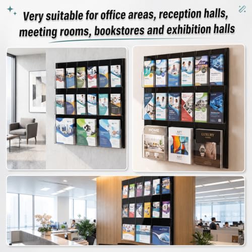 Sintuff Acrylic Brochure Rack 3 Magazine Holders 12 Pamphlet 31.7 x 28.3 Inch Wall Mounted Three Fold Brochure Rack Black Transparent Suitable for Data Storage in Offices School Homes