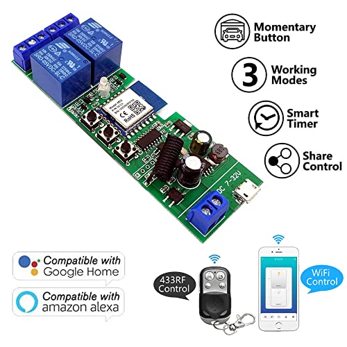 2 channelsWiFi Wireless Smart Switch Inching Self-locking Relay Module, be applied to access control Tuya SmartLife APP,DIY WIFI Garage Door Opener With 433 MHz RF remote control - color: DC2+433, size: Tuya