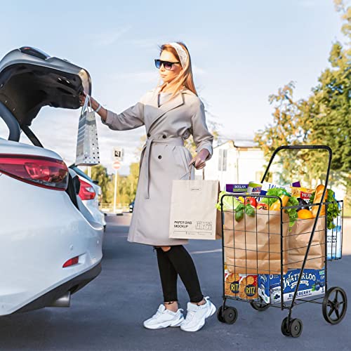 Folding Shopping Cart, Grocery Cart with Swiveling Wheels & Non-Slip Handle, Rolling Trolley with Double Storage Baskets, Utility Metal Carts for Shopping Laundry Luggage Groceries (Black) - color: Black