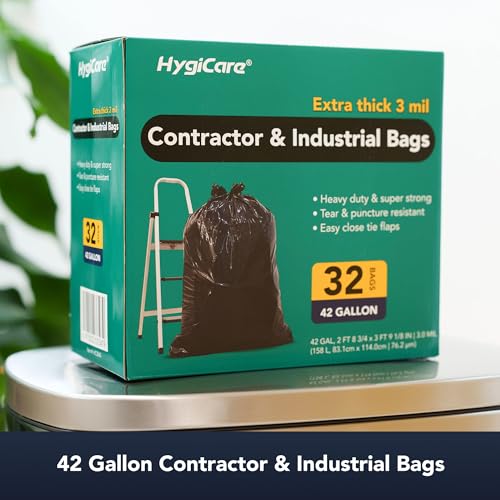 HygiCare Contractor & Industrial Bags, 42 Gallon, Extra Thick 3MIL, Heavy Duty with Tie Flaps, 32.75" x 45.13", 32 Count, For Construction, Industrial, & Outdoor Waste