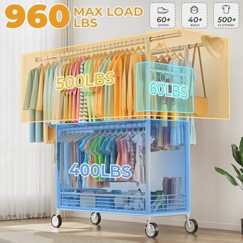 Heavy Duty Clothes Rack Load 960LBS, Three Rods Rolling Clothing Racks for Hanging Clothes, Rolling Garment Rack With Sturdy Wheels Shelves Hooks, Portable & Adjustable Commercial Garment Rack, White - color: White, size: 20.0" x 60.6" x 69.0"(3 Rods)