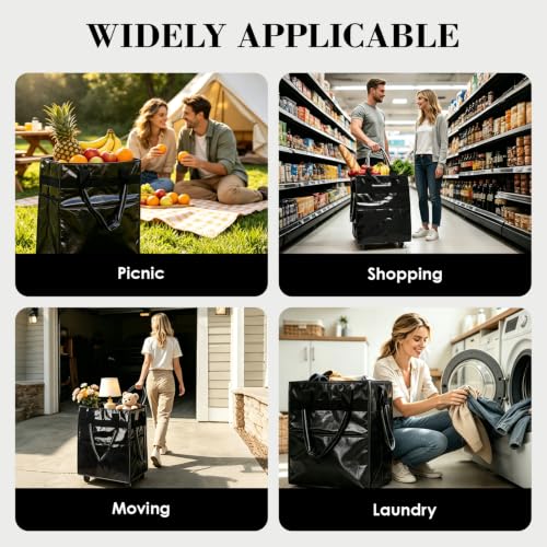 Reusable Grocery Bag on 4 Swivel Wheels, 60L Large Rolling Tote Bag - color: Black
