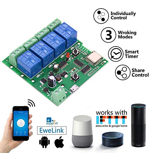 WiFi Wireless Inching Relay Monentary/Self-Locking Switch Module DIY Smart Home Remote Control DC 5-32V AC90-260V Ewelink App iOS/Andriod Compatible with Alexa Echo Google Home IFTTT (DC4) - color: DC4, size: Ewelink