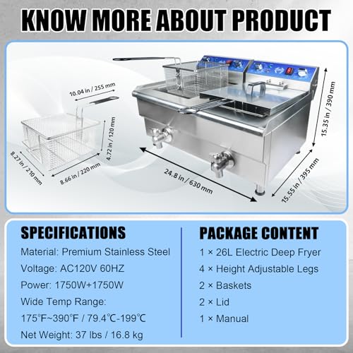 26L/27.4QT Commercial Deep Fryer with Oil Filtration and Timer