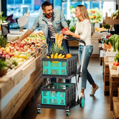 Collapsible Shopping Cart, 8-in-1 200LBS Multi Functional Utility Cart with 2 Storage Crate, Adjustable Handle Grocery Cart on Wheels for Shopping/Warehouse/Office/Supermarket - Blue - color: Blue