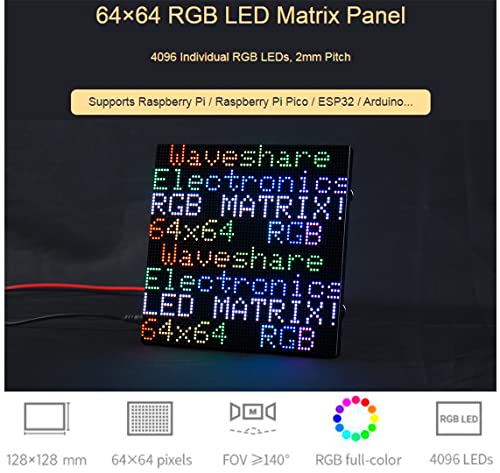 waveshare RGB Full Color LED Matrix Panel 64x64, 4096 RGB LEDs, 2mm Pitch, Adjustable Brightness, Display Text, Colorful Image, Animation,Compatible with Raspberry Pi/Raspberry Pi Pico / ESP32 - color: 64x64-2 M M Pitch