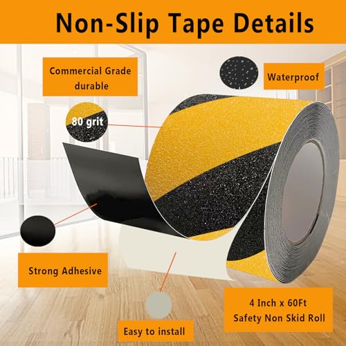 Danlaila 4 Inch x 60 Feet Grip Tape for Stairs, Anti Slip Tape Outdoor Waterproof, Black/Yellow Safety Non Skid Tape Roll for Stair Steps Ramp Wooden, Friction Tape Adhesive Non Slip Strips - color: Black/Yellow