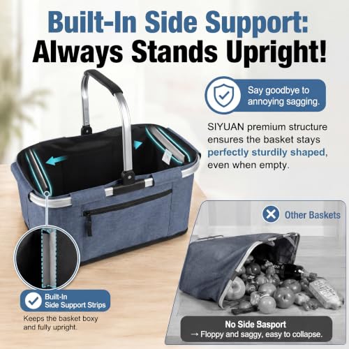 Picnic Basket, SIYUAN Shopping Basket with Handle 22L Collapsible Grocery Basket Portable Folding Basket for Marketing Reuasble, Blue - color: Navy