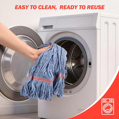 Mop with Strings Industrial Commercial Grade, 60 inch Heavy Duty One-Piece Fiberglass Handle, No Loosening, Built to Last, Reinforced Head Connection, Professional Cotton Mop for Janitorial, Garage