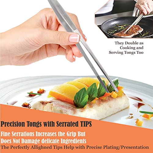 Professional Culinary Stainless Steel Precision Tongs with Serrated Tips, Plating/Food Presentation Detailing Serving Tongs, Chef's Kitchen Tweezer Tongs - Ultra Non-Slip Grip (8 Inch) - size: 8" Straight