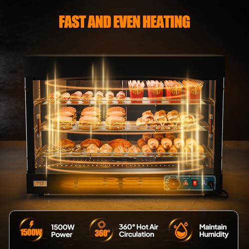 ROVSUN 35" Pizza Warmer Food Warmer Display, 3-Tier Electric Food Warmer Commercial Countertop w/LED Lighting Adjustable Removable Shelves Glass Door, Pretzel Warmer for Buffet Restaurant 1500W - color: Black, size: 35" Length