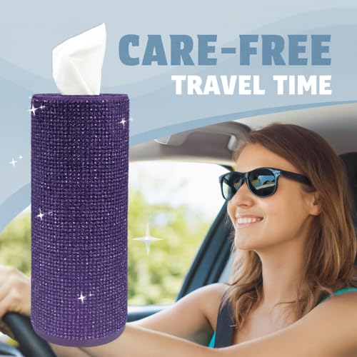 Bling Car Tissue Holder for Cup Holder – Sparkly Rhinestone Round Tissue Dispenser with 1 Pack Tissues – Fits Standard Auto Cup Holders – Stylish Car Interior Accessory for Women (Purple) - color: Purple