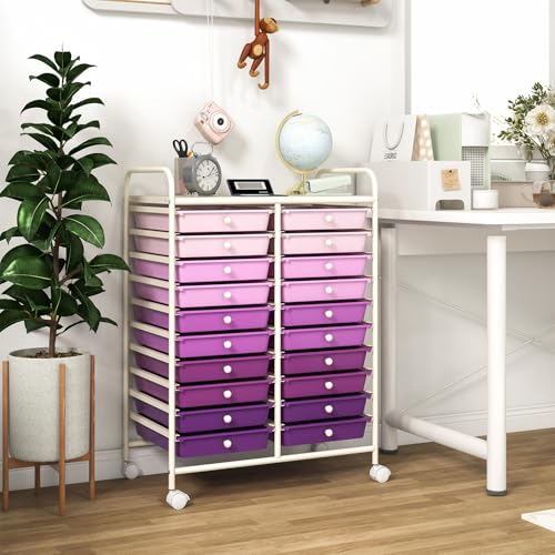 RELAX4LIFE 20-Drawer Rolling Storage Cart - Mobile Rolling Cart w/Drawers for School Classroom Teacher Office Home Salon, Paper File Art Supply Craft Organizer, Utility Cart on Wheels - color: Gradient Purple, size: 35''