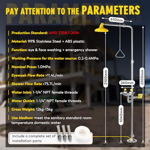 CGOLDENWALL Emergency Shower Eye Wash Station Combination Eye Wash Station with Shower Safty Shower, NPT Thread, with Emergency Sign, 304 Stainless Steel Bowl - color: 304 Stainless Steel