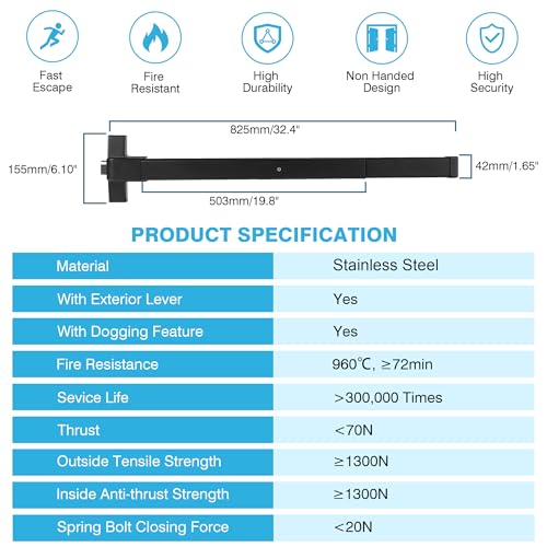 IRONWALLS Door Push Bar Panic Exit Device Stainless Steel with Handle Lever, Black 32” Commercial Push Panic Bars for Emergency Exit Doors, Heavy Duty Panic Hardware for 32”-47” Wooden/Metal Door - color: Black