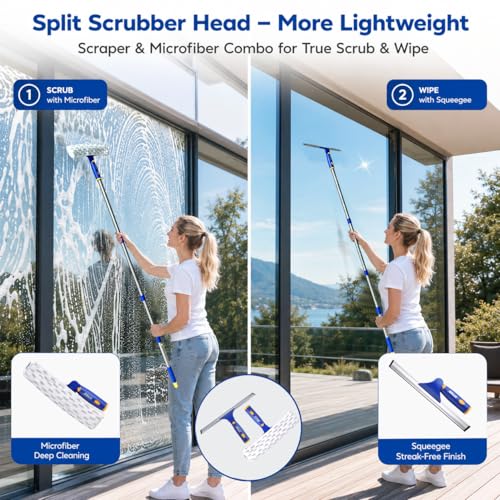 ITTAR Window Squeegee with 2 Sets Separate Pole, 12" Rubber Squeegee and 11" Microfiber Pads, 60"-73.6" Telescopic Window Cleaning Kit with Rotating Head for High Windows, Shower Glass, Car Windshield - color: White&blue
