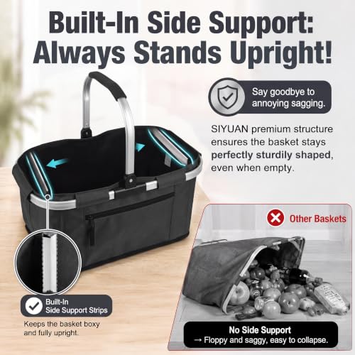 Picnic Basket, SIYUAN Shopping Basket with Handle 22L Collapsible Grocery Basket Portable Folding Basket for Marketing Reuasble, Black - color: Black