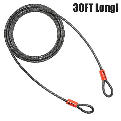 BV Heavy-Duty 30FT Security Cable with Loops - 10mm (3/8 Inch) Cut-Resistant Braided Steel Cable - Versatile & Weatherproof - Security Chain for Padlock, Chain Lock, Wire Lock - color: Single, style: 30 FT