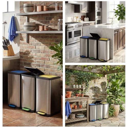 3 Compartment Pedal Recycling Bin Set, 45 L (3 × 15 L) Soft-Close Trash Can with Lids, Color Coded Step-On Stainless Steel Recycling Bins for Kitchen & Home