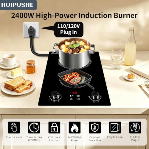 2 burner induction cooktop,110V2400W 24 inch induction hot plate, induction stove top with LED touch and Knob Control, with 9 Power Levels, Kids Lock & 4H,24 Inch double induction cooktop - size: Double Burner induction Cooktop