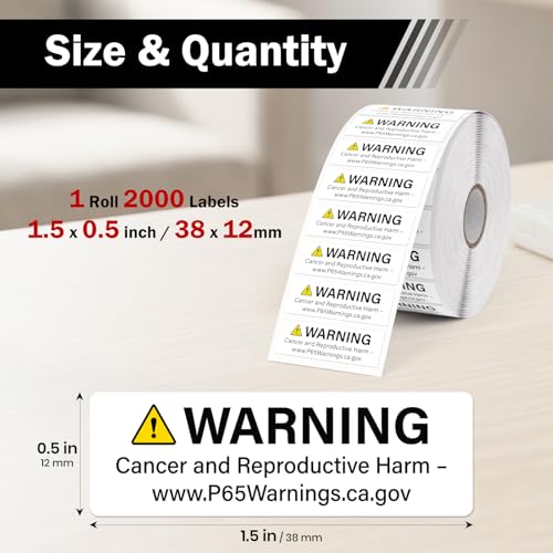 2000 Pcs California Prop 65 Warning Labels 0.5" x 1.5" Vinyl