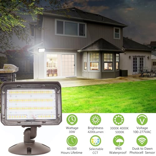 2Pack Dusk to Dawn Outdoor 30W LED Flood Light with Knuckle & Plate Mount, 3000K/4000K/5000K Color Selectable, ETL Commercial LED Security Lighting - size: 30W