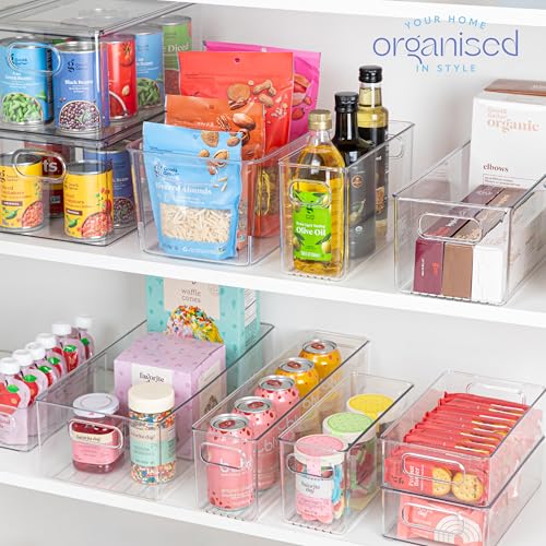 Plastic Food Storage 2 Pack Clear Container Bin with Handles for Organizing Kitchen, Pantry, Refrigerator, Freezer, Pantry, Cabinet, Closet, Bathroom. 14”x8”x5” - size: 14x8x5