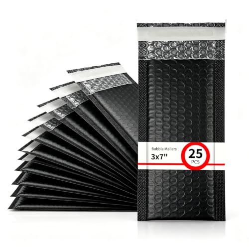 25 Pack 3" x 7" Usable Size Bubble Mailers, Black Small Padded Envelopes with Self Seal Closure, Bubble Envelopes for Jewelry, Trading Cards, Makeup and Small Items - size: 3" x 7" (Usable Size) - 25 Pack