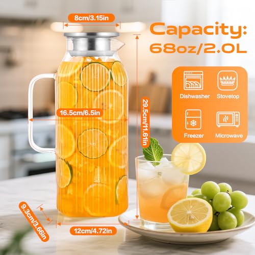 Aofmee 68oz Glass Pitcher with Lid and Handle for Fridge, Clear Striped - color: Clear Striped