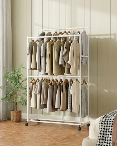 Clothes Rack 36.2" x 21.3" x 72", 4-Bar Double Rod Rolling Metal Clothing Rack for Hanging Clothes, Portable Garment Rack with Wheels for Bedroom Laundry, Closet Wardrobe, White - color: White, size: 36.2" x 21.3" x 72"