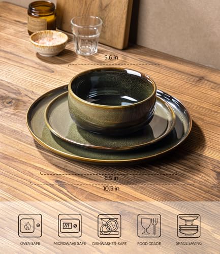 TheTerra Ceramic Dinnerware Set for 8, 24-Piece Plates and Bowls Set - color: Olive Green, size: Set (24pcs)