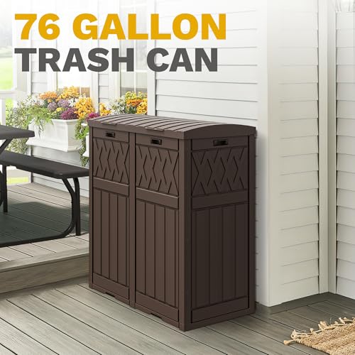 DWVO 76 Gallon Garbage Dual Can, Resin Outdoor Trash Can with Tiered Lid and Drip Tray, Waterproof Trash Bin for Patio, Kitchen, Backyard(Brown) - color: Brown, size: 76 Gallon