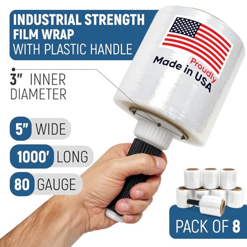 5” x 1000’ Stretch Wrap Mini 8 Rolls with Handle – Clear Plastic Stretch Film 80 Gauge, 500% Elongation, Heavy Duty Shrink Wrap for Moving, Packing & Shipping - style: Pack of 8