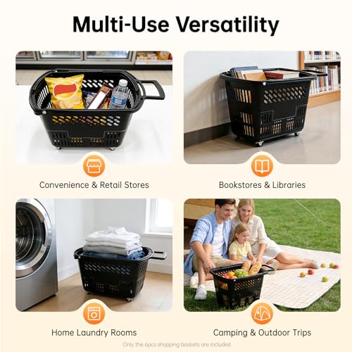 6PCS Shopping Basket 35L Portable Plastic Rolling Shopping Cart with Wheels - color: Black