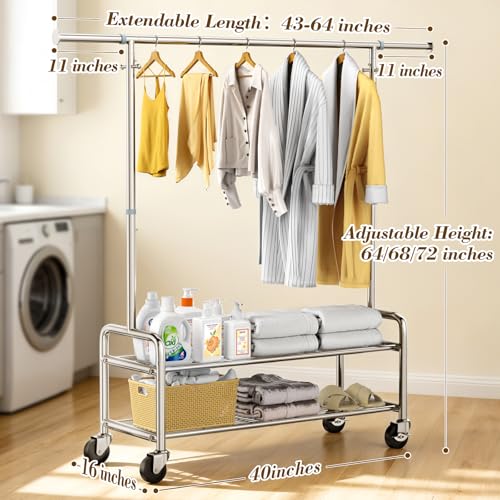 Upgraded 100% Stainless Steel Heavy Duty Clothes Rack with Shelves Loads 760 LBS, Commercial Clothing Rack with Larger & Sturdy Wheel, Adjustable Height & Rolling Garment Hanging Rack for Bedroom Dorm - color: Silver, style: 2 Shelves