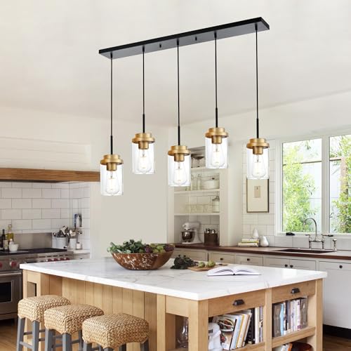 MELUCEE 5-Lights Adjustable Hanging Pendant Light Fixtures 37 Inches Black - color: Black Brass, size: 5 Lights-1 Pack Linear