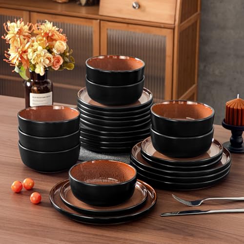 vancasso Plates and Bowls Sets, 24 Pieces Stoneware Dinnerware Sets for 8, Kitchen Dish Set Mircowave and Dishwasher Safe Ceramic Dishware, Dark Brown, Series AMBER - color: Brown