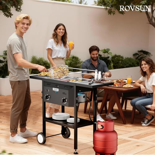 ROVSUN Outdoor Deep Fryer with 8QT & 8QT Stainless Steel Tank & Basket, Portable Propane Gas Fryer with Rolling Cart, Storage Shelves, Lids & Thermometer for Outdoor Backyard Cooking Frying