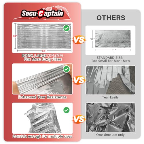 SecuCaptain Survival Emergency Thermal Blankets: 4/10/25/30/50/75/100 PCS Extra Large 84” x63” Space Mylar Blanket Kit for Outdoor Cold Winter Camping Hiking Car Bug Out Bag or First Aid - color: Sliver, size: 10 Pack