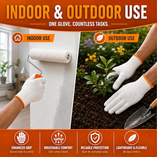 Winterlace 48 Pairs Cotton Grip Work Gloves Bulk Safety Protection Non-Slip PVC Rubber Dots Garage Construction Warehouse - color: 48 Pairs - Orange Dots