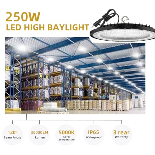 2Pack UFO LED High Bay Light 250w, 5000K,36,000LM, 5 ft cable with Us Plug UL Certified Plug,Hanging HookIP65 Commercial Warehouse Area Light for Wet Location Area, Workshop, Garage, Factory Barn - size: 250W2 Pack