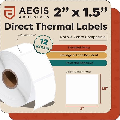 2" X 1.5” Direct Thermal Printer Labels (10800 Count, 12 Rolls) - size: 2" X 1.5"