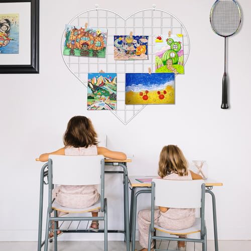 ECLENYES Grid Photo Wall Panels - 22.4"x20.4" Heart Shape Iron Rack Art Wire Board, Wall Grid Organizer, DIY Photo Frame for Home, Office, Kitchen, Bedroom, Christmas Gifts - White - color: White