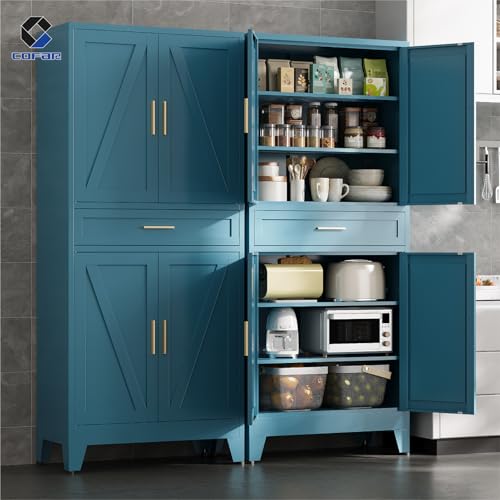 COFaR 71 in Tall Kitchen Pantry Cabinet with Drawer, Metal Pantry Storage Cabinet with 4 Adjustable Shelves and 4 Barn Doors, Freestanding Farmhouse Food Cupboard for Dining Room, Peacock Blue 6-Tier - color: Peacock Blue, size: 15.75''D × 31.5''W × 70.87