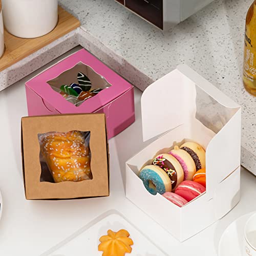 100Pcs Paper Cookie Boxes With Window Small Bakery Boxes 4x4x2.5 Inches Mini Cake Boxes For Pastries,Cupcakes,Desserts,Donuts,Chocolate Strawberries,Candy,Treat Boxes(4 * 4 * 2.5,Pink) - color: Pink