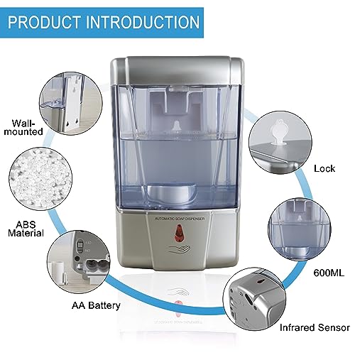 Soap Dispenser Wall Mount Commercial 2 Set Silver Automatic Hand Wash Dispensers 20OZ Suitable Liquid Sanitizer Refillable for Kitchen Bathroom Waterproof - size: Silver-20OZ