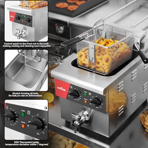 CROSSON 8L Countertop Electric Deep Fryer with Draining Valve,Solid Basket and Lid for Restaurant Use 120V,1800W Stainless Steel Commercial Deep Fryer - size: Single Tank,8L